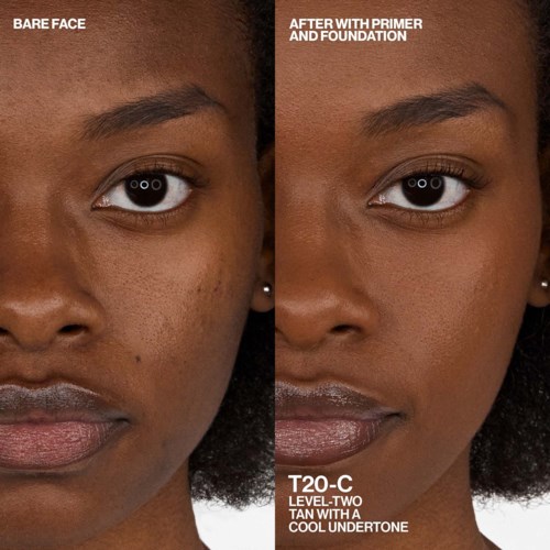 The image shows a woman's face before and after applying primer and foundation, with clearer skin and even tone after.