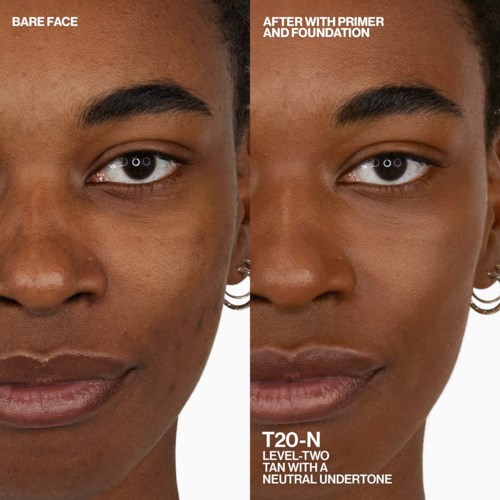 Before and after photos showing skin improvement from a primer and foundation. T20-N level-two tan with neutral undertone used.