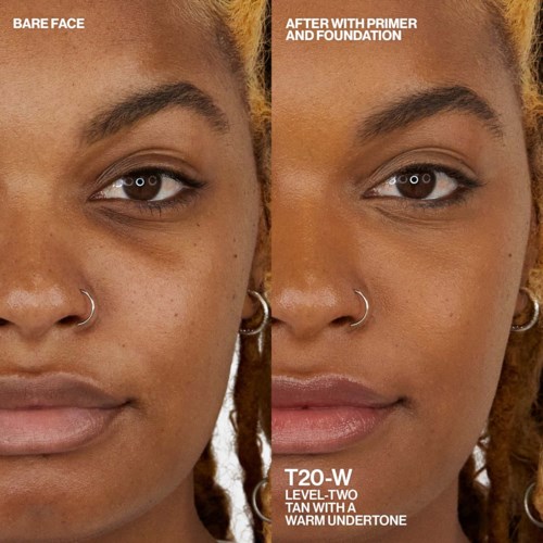 Before and after makeup application, showing a more even skin tone and subtle enhancements on the face.