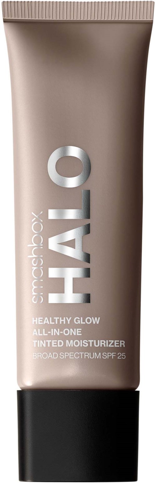 En beige tub med svart lock, märkt 'HSAL', 'Healthy Glow', och 'Tinted Moisturizer' med SPF 25.
