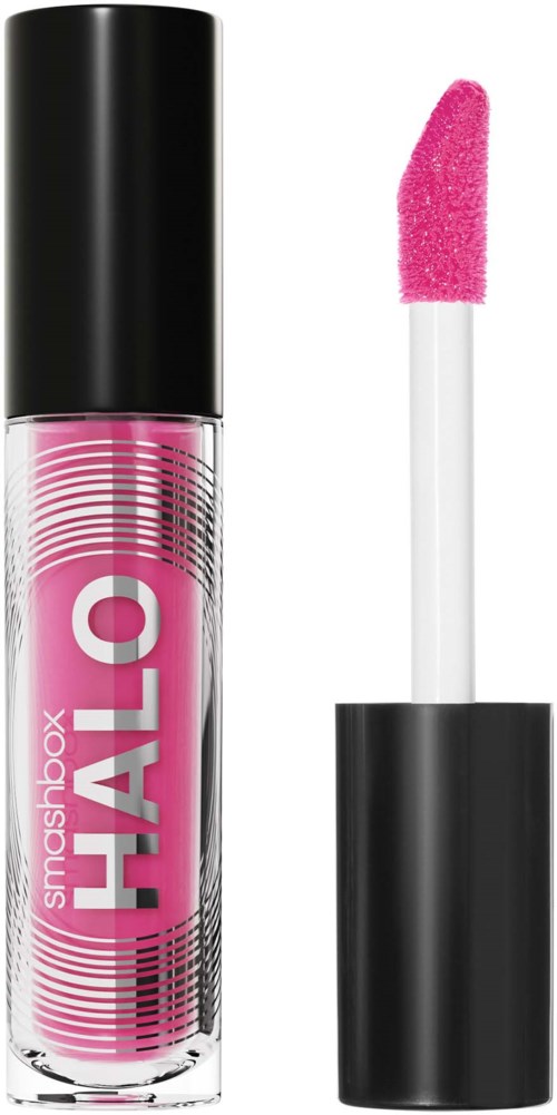 Pink lip gloss with a black cap and a pink applicator. The label says "smashbox HALO".