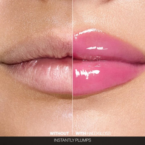A close-up of lips showing before and after applying gloss, with labels indicating "without" and "with" halogloss.