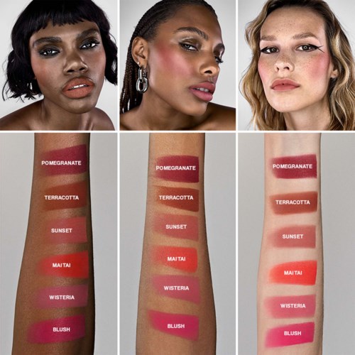 Three women showcase different makeup styles, with swatches of various lipstick shades labeled: Pomegranate, Terracotta, Sunset, Mai Tai, Wisteria, and Blush.