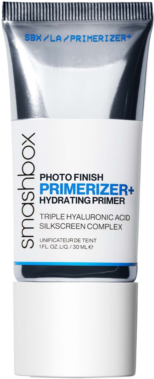 A white tube of Smashbox Photo Finish Primer with blue and black text and a silver cap.