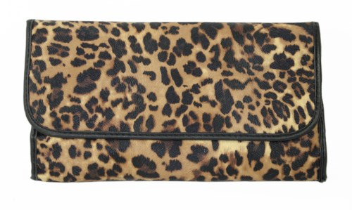 A wallet with a leopard print pattern, elongated shape, and black border details.