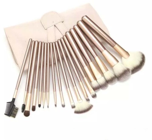 Makeup brushes of various sizes arranged in a semi-circle with a carrying pouch behind them.