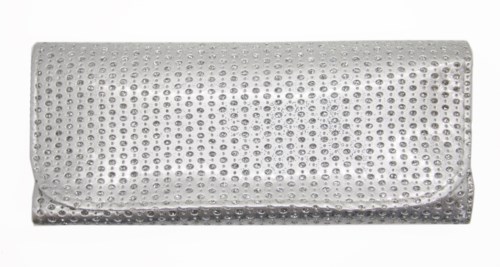 A silver clutch bag with a textured, dotted surface and a flap closure.