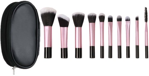 Set of makeup brushes with pink handles, in a black case, different sizes for face and eye makeup.