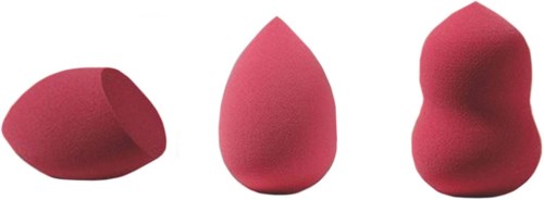 Three red makeup sponges in different shapes are shown, each with a soft, textured surface.