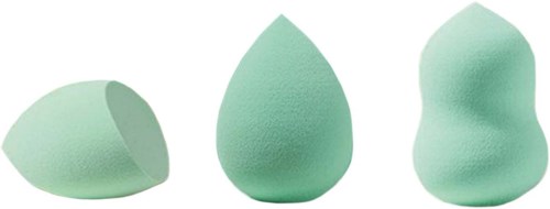 Three green makeup sponges of different shapes and sizes are shown, used for applying makeup smoothly.