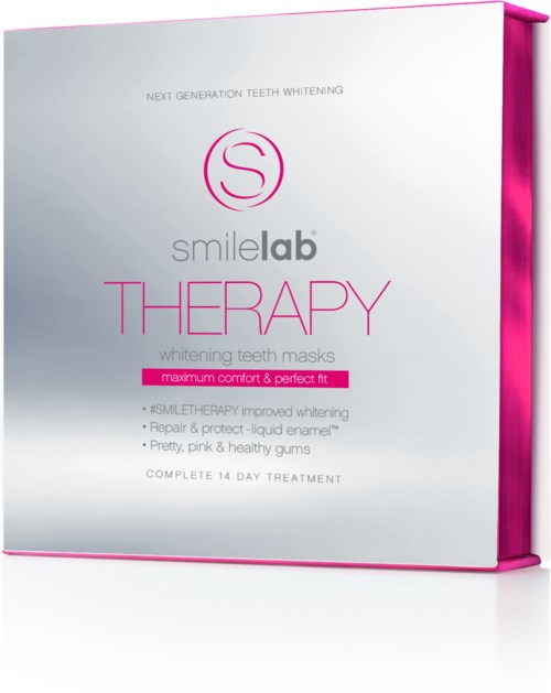 SmileLab Therapy-tandblekningar masker i en vit och rosa förpackning, erbjuder en 14-dagars behandling för ljusare tänder.