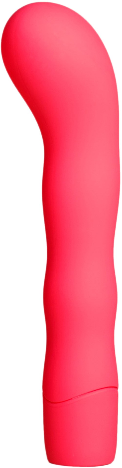 Ein rosa, gebogener Massagestab mit abgerundeter Spitze und Griffbasis.