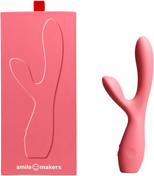 Pinkfarbener Vibrator mit gebogener Form und passender pinker Box mit 'smile makers'.