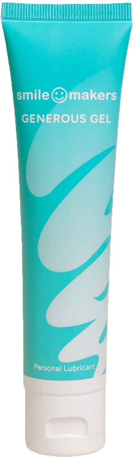 Eine Tube Smile Makers generous gel, ein persönliches Gleitmittel, in blauer und weißer Verpackung.