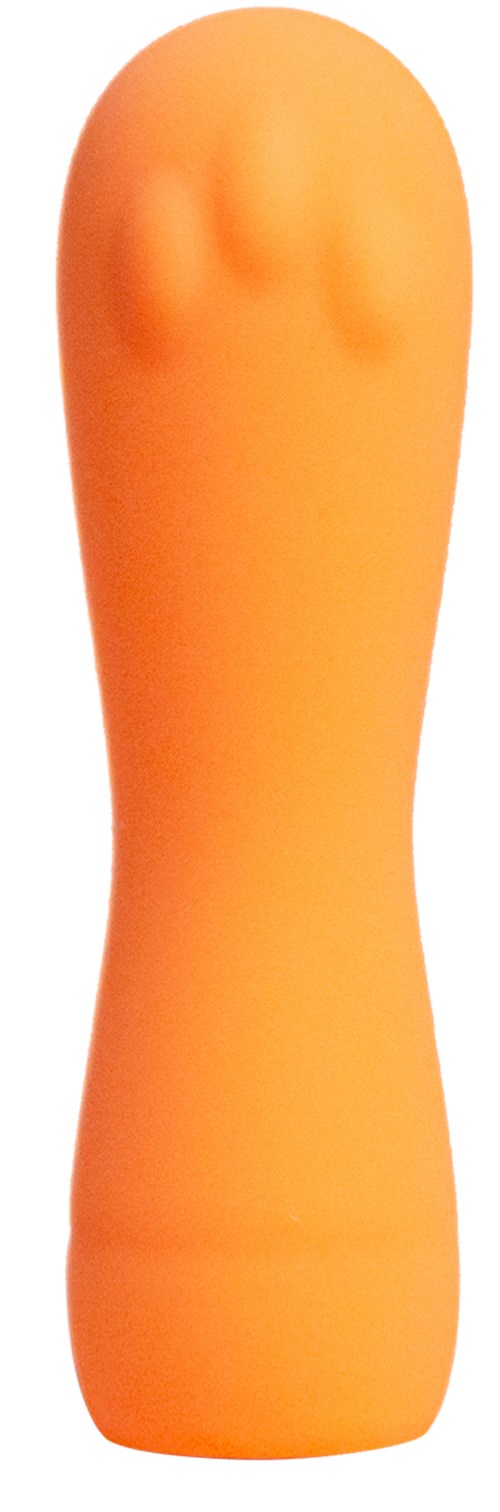 Ein weiches orangefarbenes Objekt mit abgerundetem oberen Ende und kleinen Daumen- und Fingerstrichen, geformt wie ein süßer Fingerschutz.