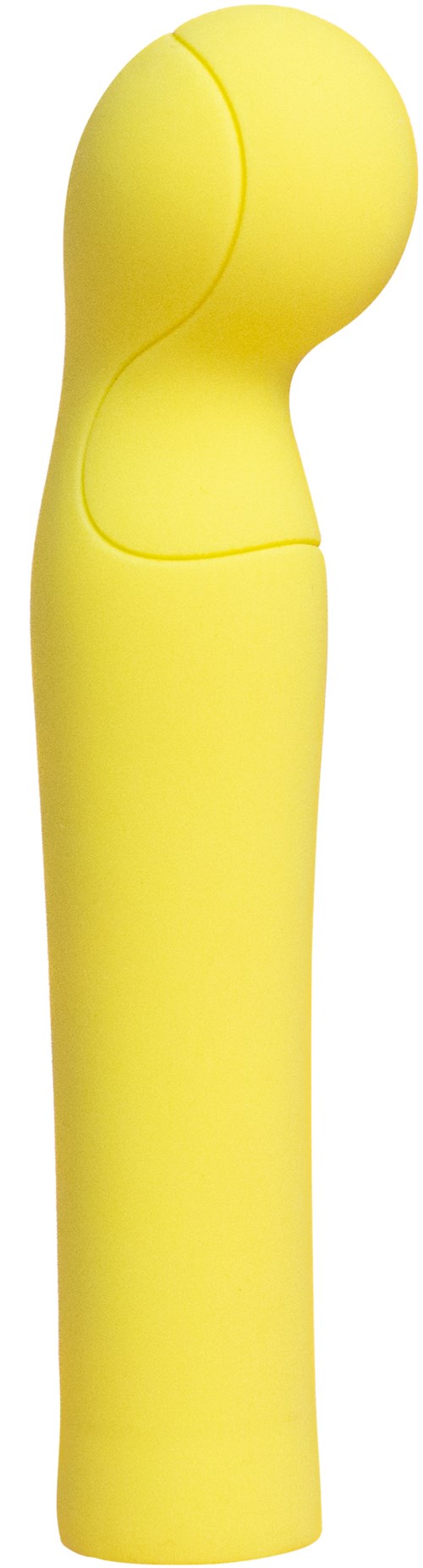 Ein gelber, gebogener Gegenstand mit rundem oberen Teil und langem Körper, wahrscheinlich ein Handgerät oder Werkzeug.