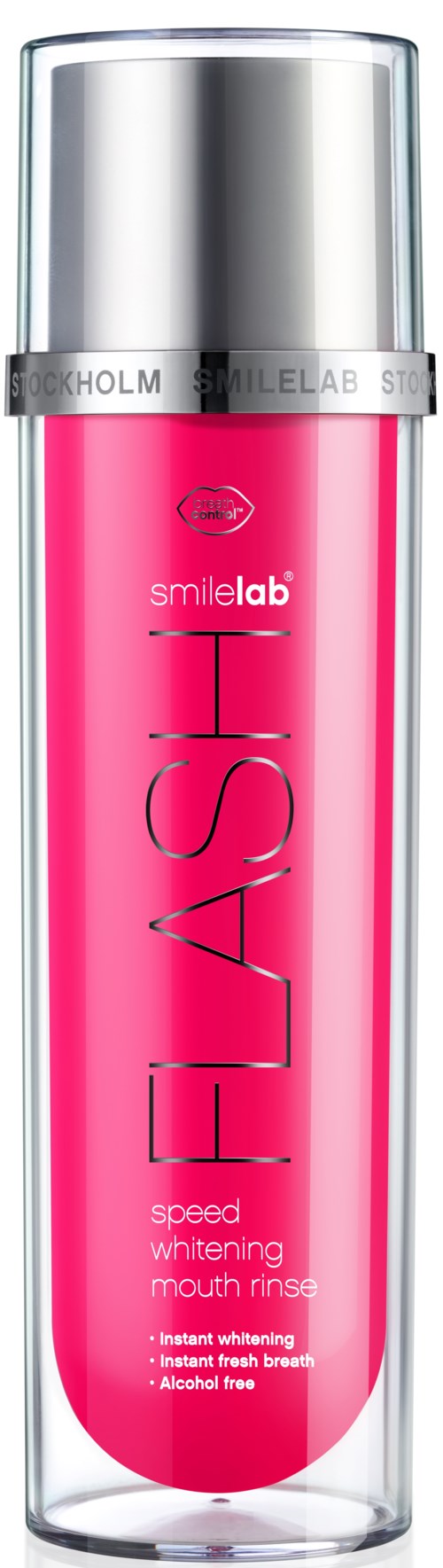 En rosa flaska med silverlock märkta 'SmileLab FLASH' för tandblekningsskölj.