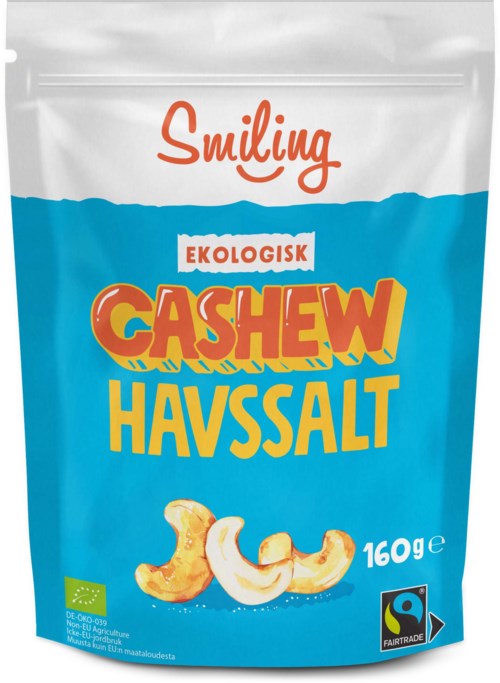 A package of organic cashew sea salt with images of cashew nuts, labeled 'Smiling' and with EU and fair trade logos.