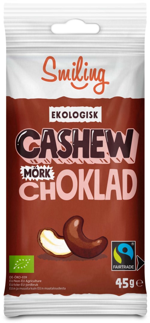 A brown package contains organic cashew chocolate with a picture of a cashew nut and the words "Smiling," "Ekologisk," and "Choklad."