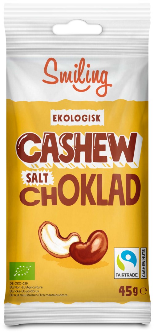 A snack package with yellow and white colors, showing a cashew nut, chocolate, and labeled as organic and Fairtrade.