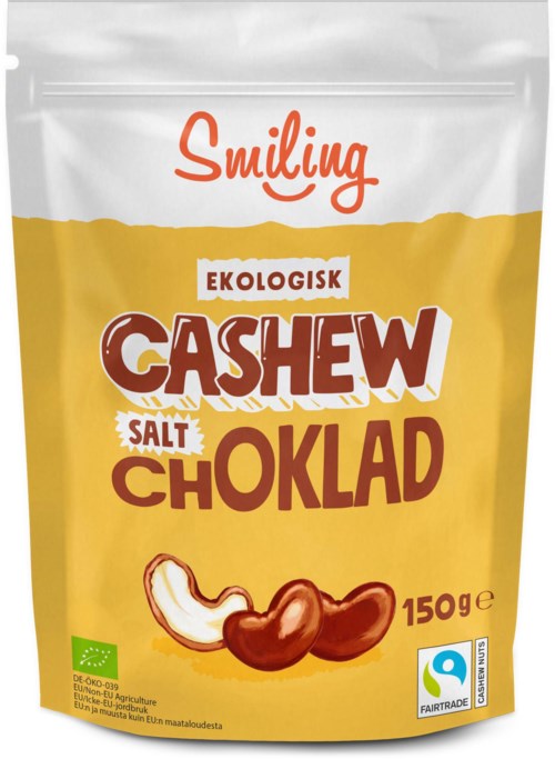 A package of organic cashew chocolate salt with a yellow and white design, showing cashew nuts and labels for eco and fairtrade.