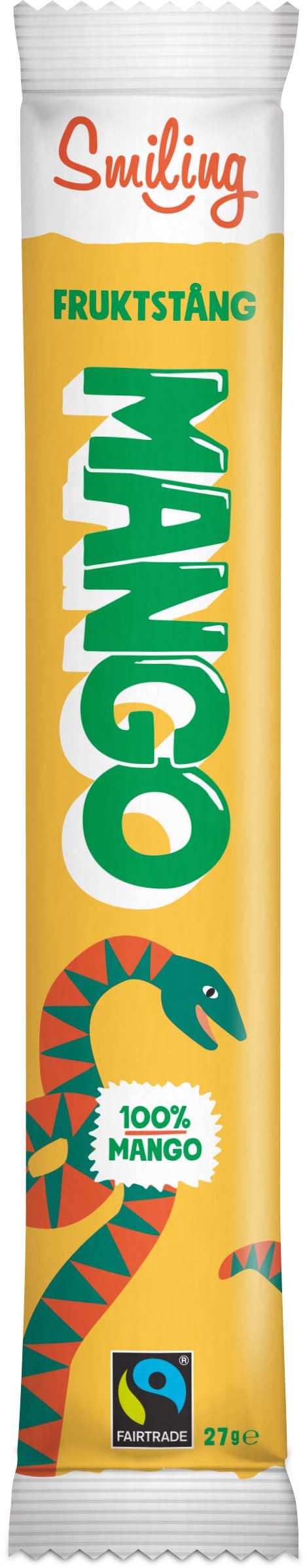 A fruit snack package labeled 'Mangongo' with a mango flavor, a colorful lizard, and health certification symbols.