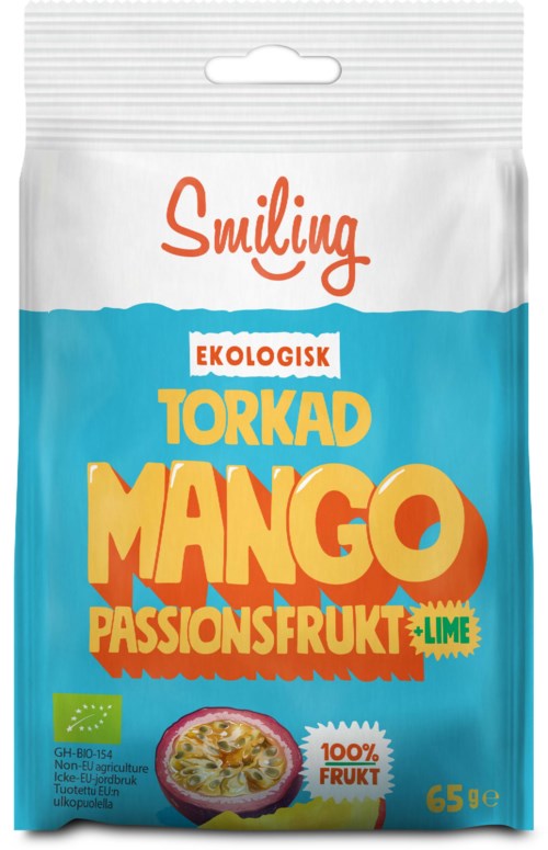 Bright blue bag with mango and passion fruit flavor, organic, 65g, with Passion Fruit Lime flavor added.