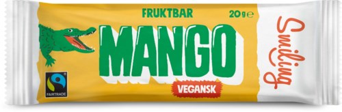 A mango-flavored vegan fruit bar with a crocodile illustration, Fairtrade label, and the words "Sweets" and "20g".
