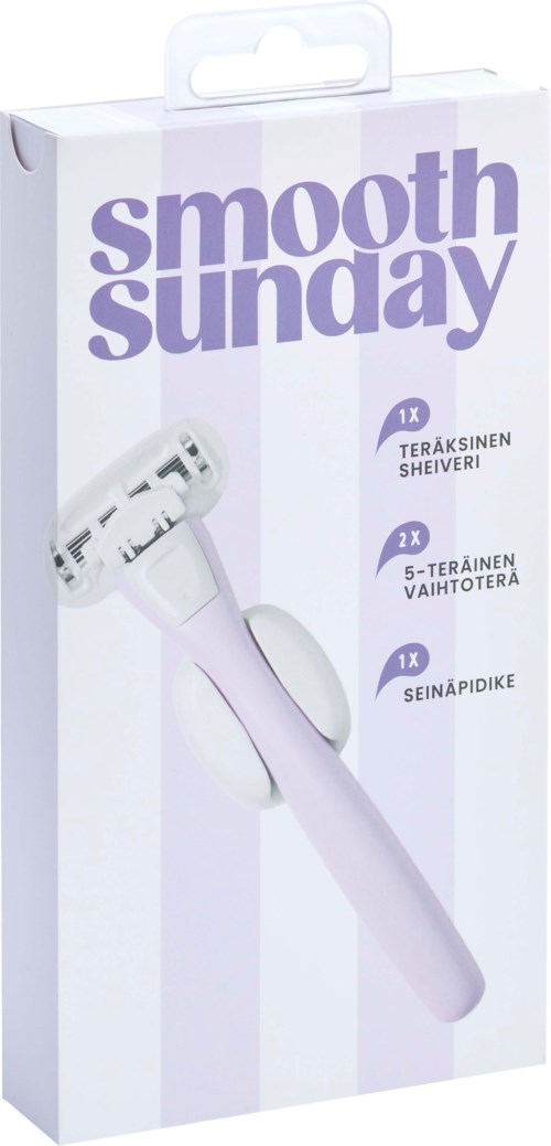 Förpackningen av en Smooth Sunday ansiktshyvel med handtag och utbytbara blad i ett vitt emballage.