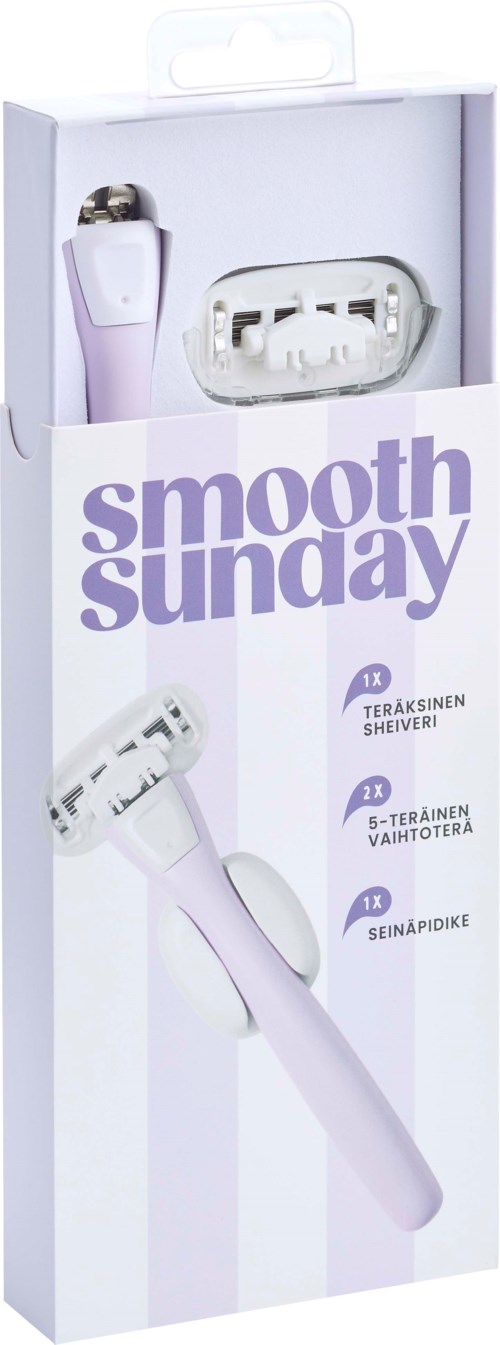 Hudvårdsapparat med ljuslila handtag och vit huvud, förpackad i en box märkt Smooth Sunday och ingredienser listade.