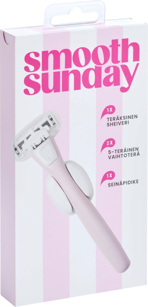 Pakningsboks for en skjønnhetsenhet kalt Smooth Sunday med informasjon om erstatningshoder og funksjoner.