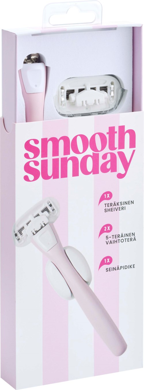 En rosa ansiktshårfjerner i eske med merkevaren smooth sunday og funksjoner.