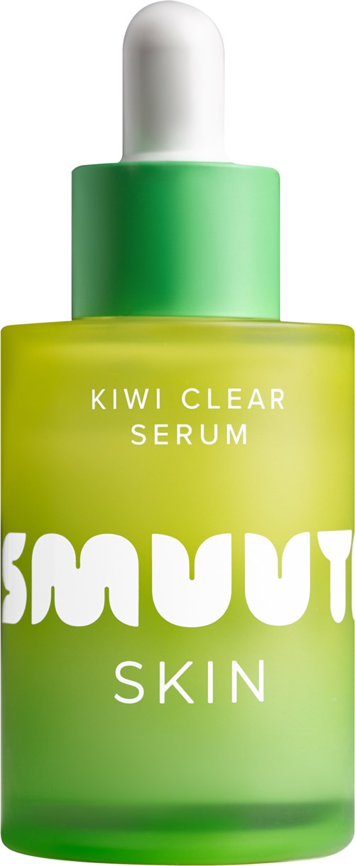 Valaistu vihreä ja keltainen seerumipullo, jossa valkoinen pipettiläppä, merkinnät "KIWI CLEAR SERUM" ja "SKIN".