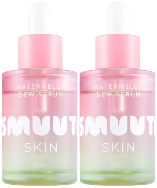 Twee flessen watermeloen dew serum, roze en groen verloop, met pipetdopjes, bestemd voor huidverzorging.