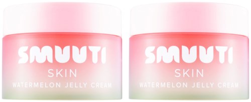 Twee potjes van Smuutii Skin Watermelon Jelly Cream naast elkaar, roze verloopetiket, ronde witte deksels.