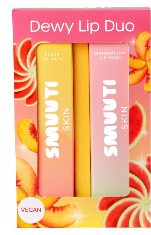 Twee lip masks genaamd Perzik en Watermeloen, met heldere verpakking en fruitafbeeldingen in een roze doos.