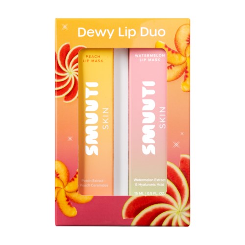 Twee lip masks met perzik en watermeloen, kleurrijke fruitillustraties op de achtergrond.