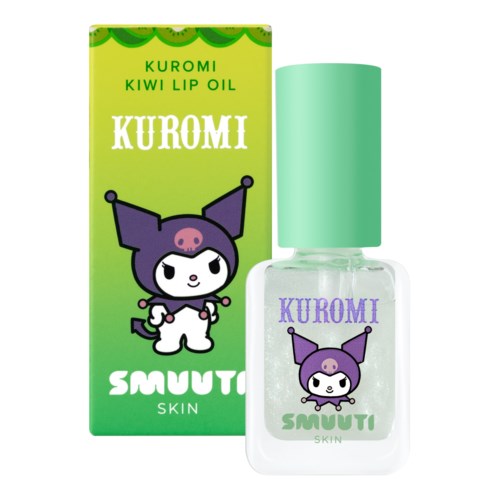 Kleine fles met kiwi lip oil met een schattig cartoonfiguurtje op het label, naast heldergroene verpakking.