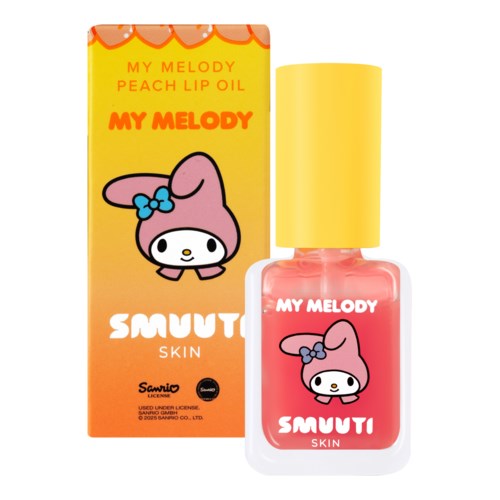 En liten rosa nagellacksflaska med gul plopp visar My Melody-figur på etiketten och boxen.