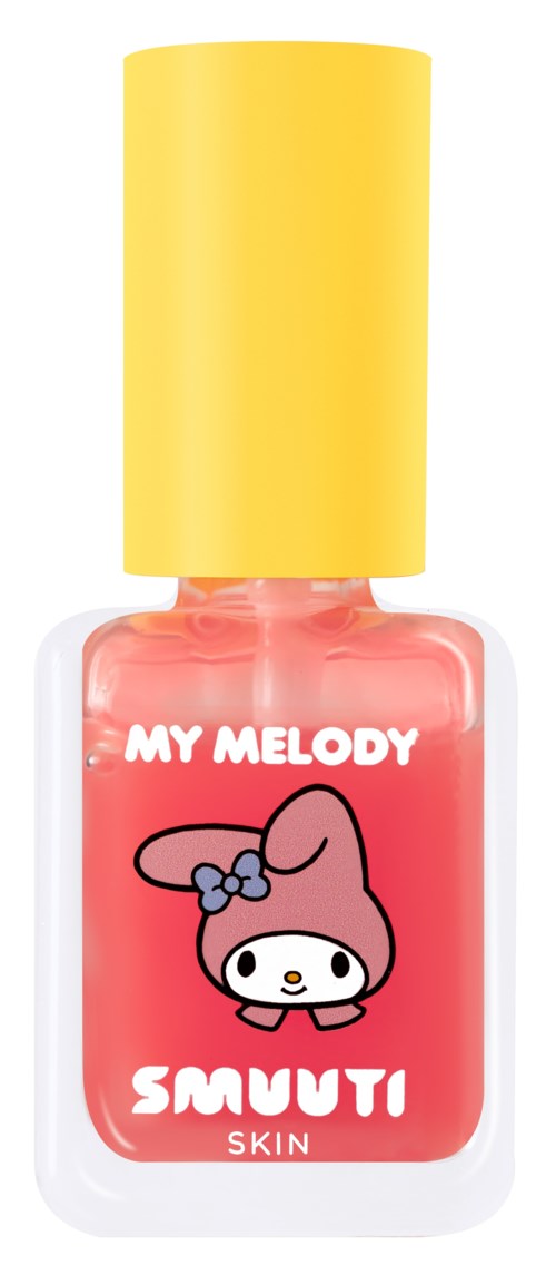 En rosa nagellackflaska med gul kork, med en tecknad figur och text 'MY MELODY' och 'SMUTI SKIN'.