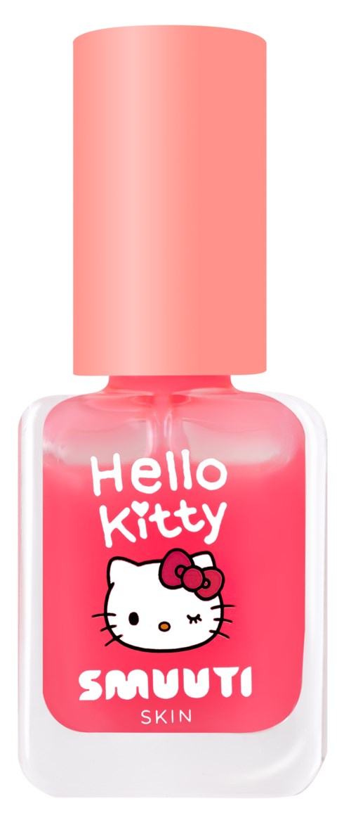 Bläckfärgad nagellack med Hello Kitty-logga och varumärkesnamn, i en genomskinlig flaska med rosa lock.