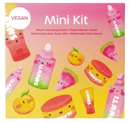 A colorful box features cartoon fruit and skincare product illustrations with playful faces, promoting a vegan mini skincare kit.