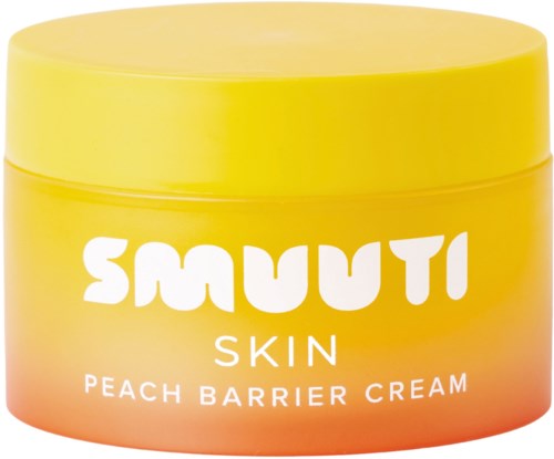 Een ronde, gele container met de tekst "Smuut Skin Peach Barrier Cream".