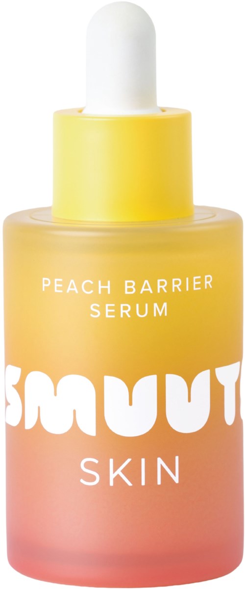 Kleine Flasche mit weißer Pipette, gelbem Deckel und Farbverlauf von Pink zu Orange mit Schrift 'Peach Barrier Serum'.
