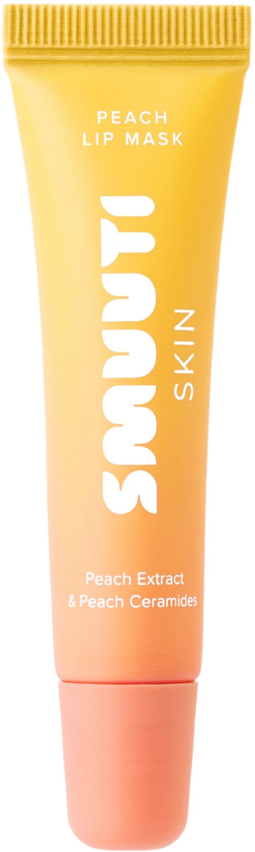 Perzikhuidmask in tube met geel en perzik kleuren, staat 'Sunbum' en 'Peach Lip Mask' op.