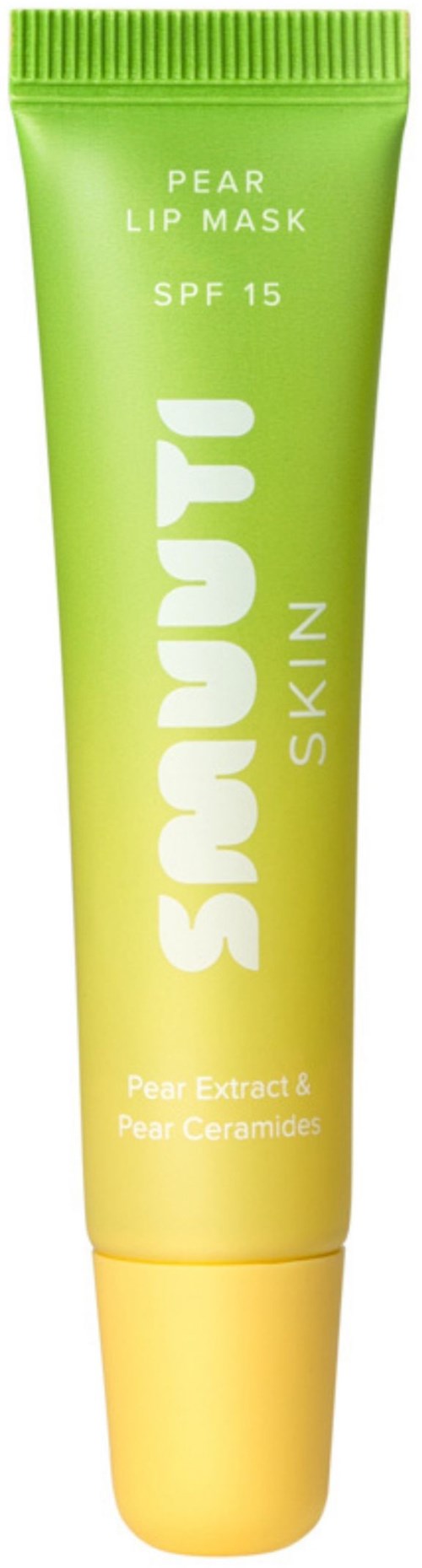 Grön och gul tub märkt Peach Lip Mask med SPF 15 och päronextrakt. Utformat för hudvård.