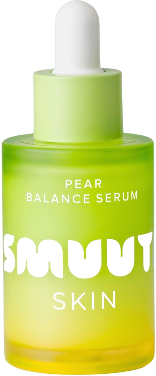 Een groene fles met 'Pear Balance Serum' en een witte druppelaar dop.