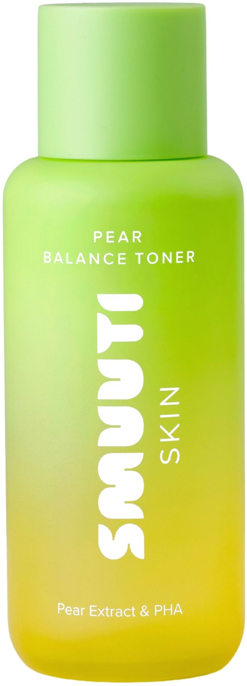 Groene fles met toner voor huid die 'Shiny Skin' heet, met perenextract en PHA.