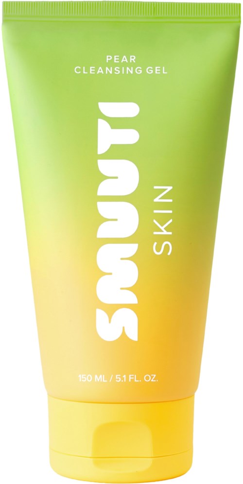 Een groene en gele tube met 'Sunny Skin', 'Pear Cleansing Gel' en maatgegevens.