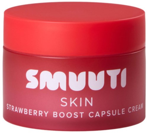 Röd burk med Smauki Skin Strawberry Boost Capsule Cream med vit text på framsidan.